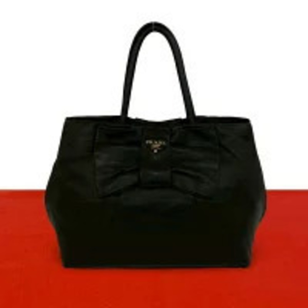 Prada Ribbon Motif Leather Handbag Tote Bag Boston Black 904 2